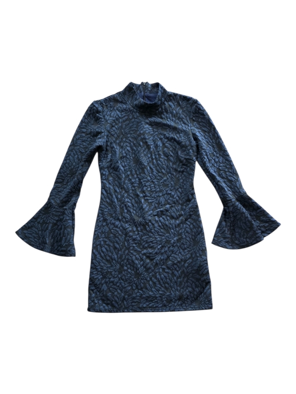 Hutch Navy Blue Jacquard Floral Bell-Sleeve Mini Dress M